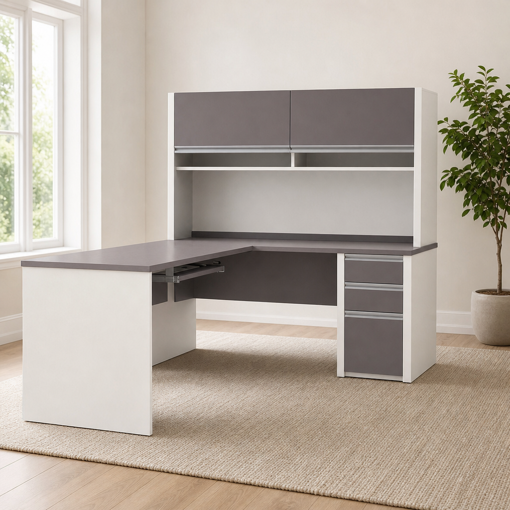 5-Piece L-Shaped Office Desk Set, Sandstone & Slate Gray — Reversible centered in a warm neutral furnished room