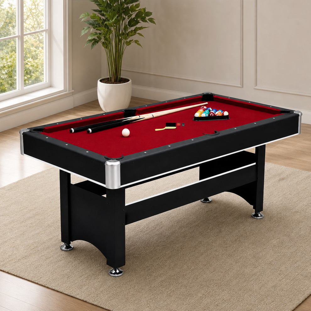 6-Foot Multigame Pool and Table Tennis Table, 72 x 38 x 31 in centered in a warm neutral furnished room