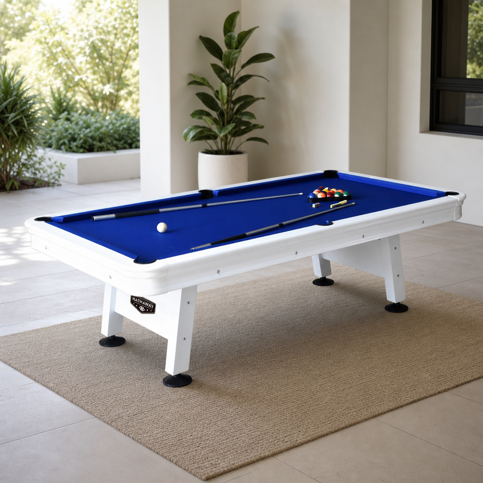 8-Foot Outdoor Pool Table with Waterproof UV-Resistant Felt, K-55 Cushions & Gloss centered in a warm neutral furnished room