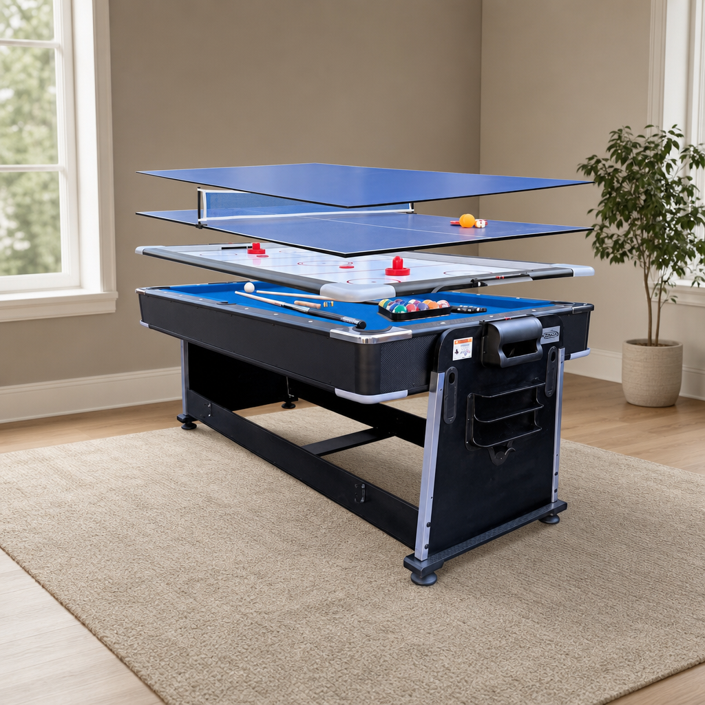3-in-1 7-Foot Swivel Game Table — Pool, Table Tennis & Air Hockey, Blue or Green F centered in a warm neutral furnished room