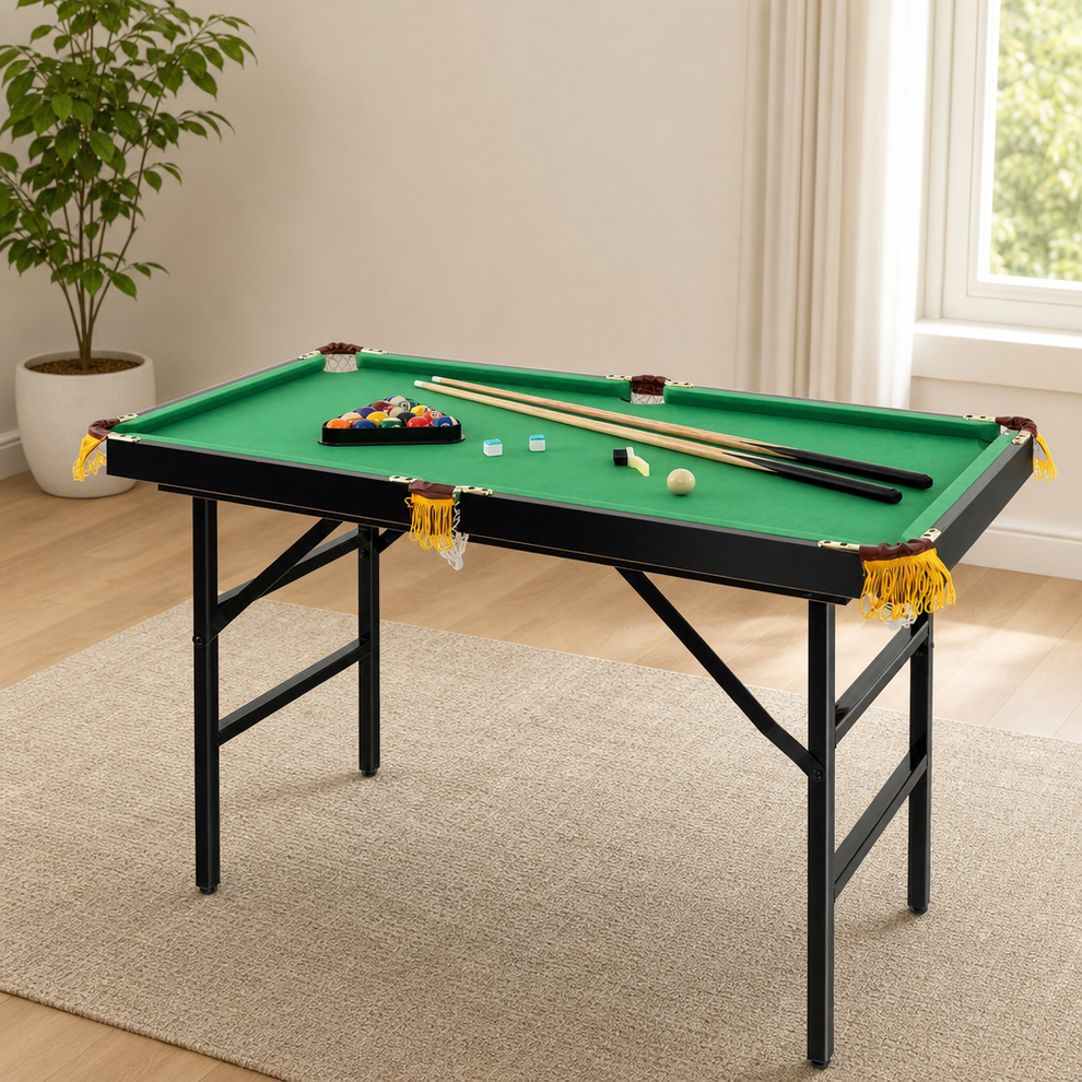 47" Folding Kids Pool Table with 16 Balls & 2 Cues centered in a warm neutral furnished room
