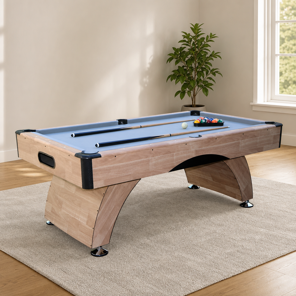 7 ft Pool Table with Automatic Ball Return and Adjustable Levelers centered in a warm neutral furnished room