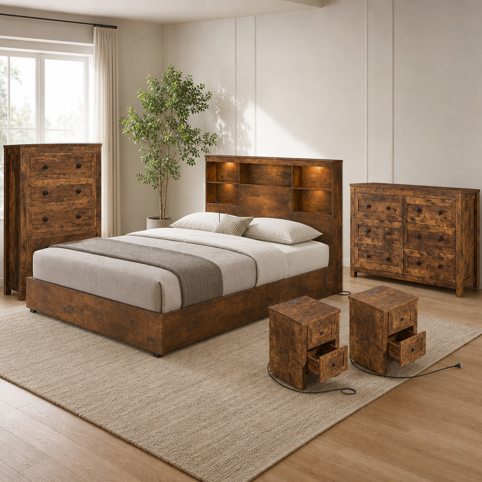 Queen 5-Piece Farmhouse Bedroom Set with LED Bed Frame & Charging Stations — Brown centered in a warm neutral furnished room
