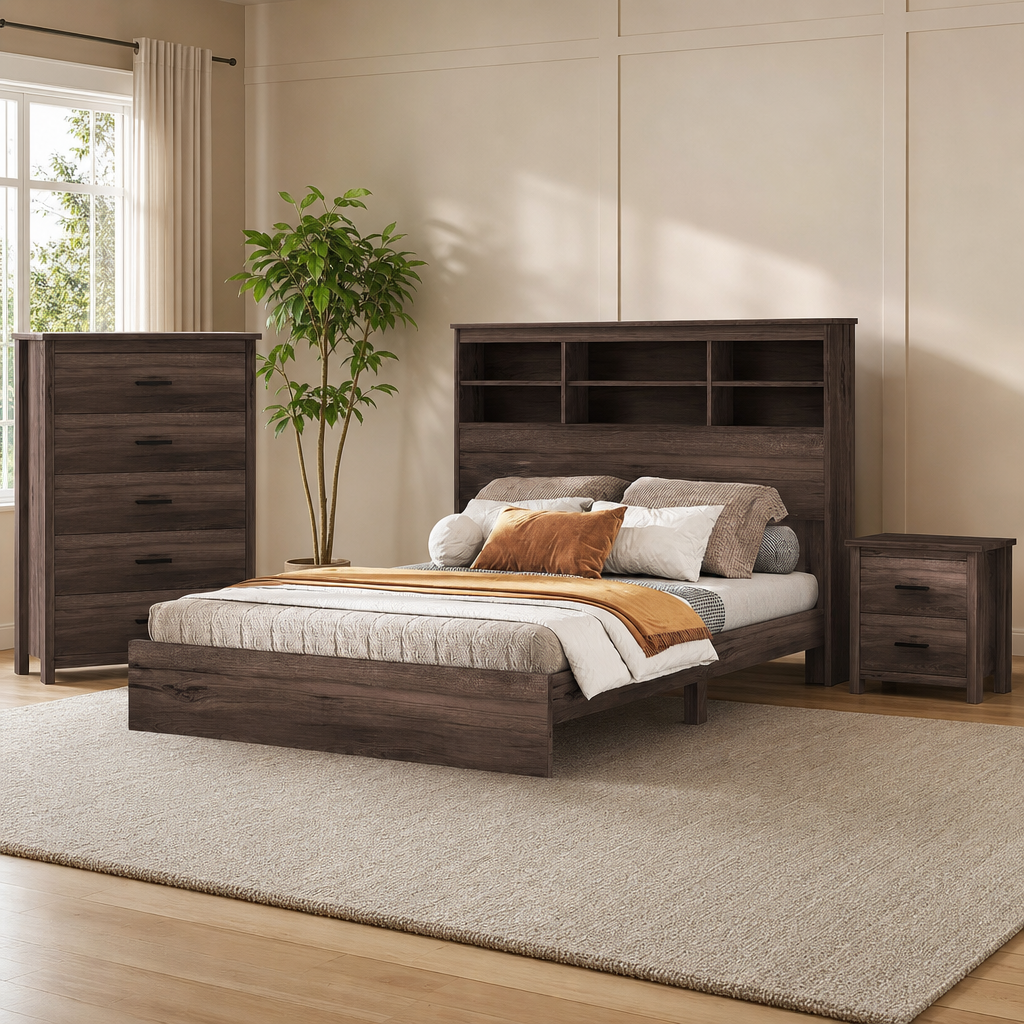 Queen 4-Piece Bedroom Set with Platform Bed, Dresser & 2 Nightstands — USB Headboa centered in a warm neutral furnished room
