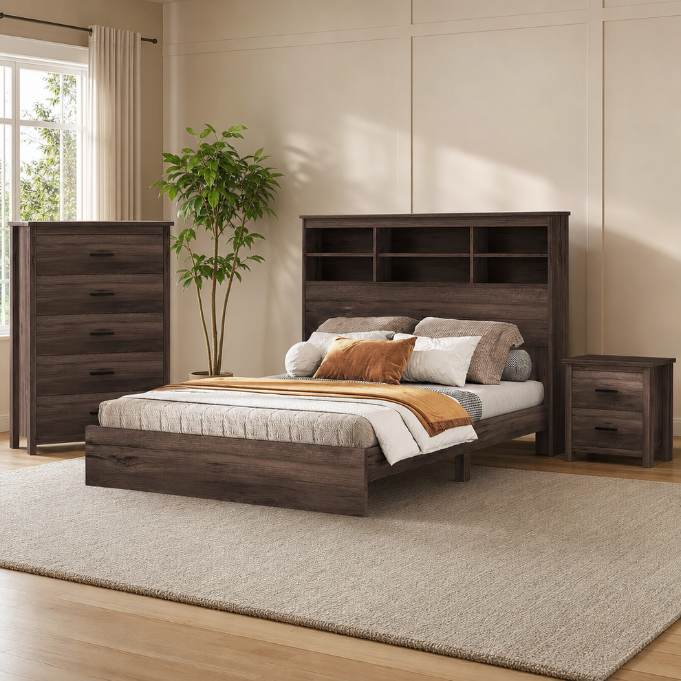 Queen 4-Piece Bedroom Set with Platform Bed, Dresser & 2 Nightstands — USB Headboa centered in a warm neutral furnished room