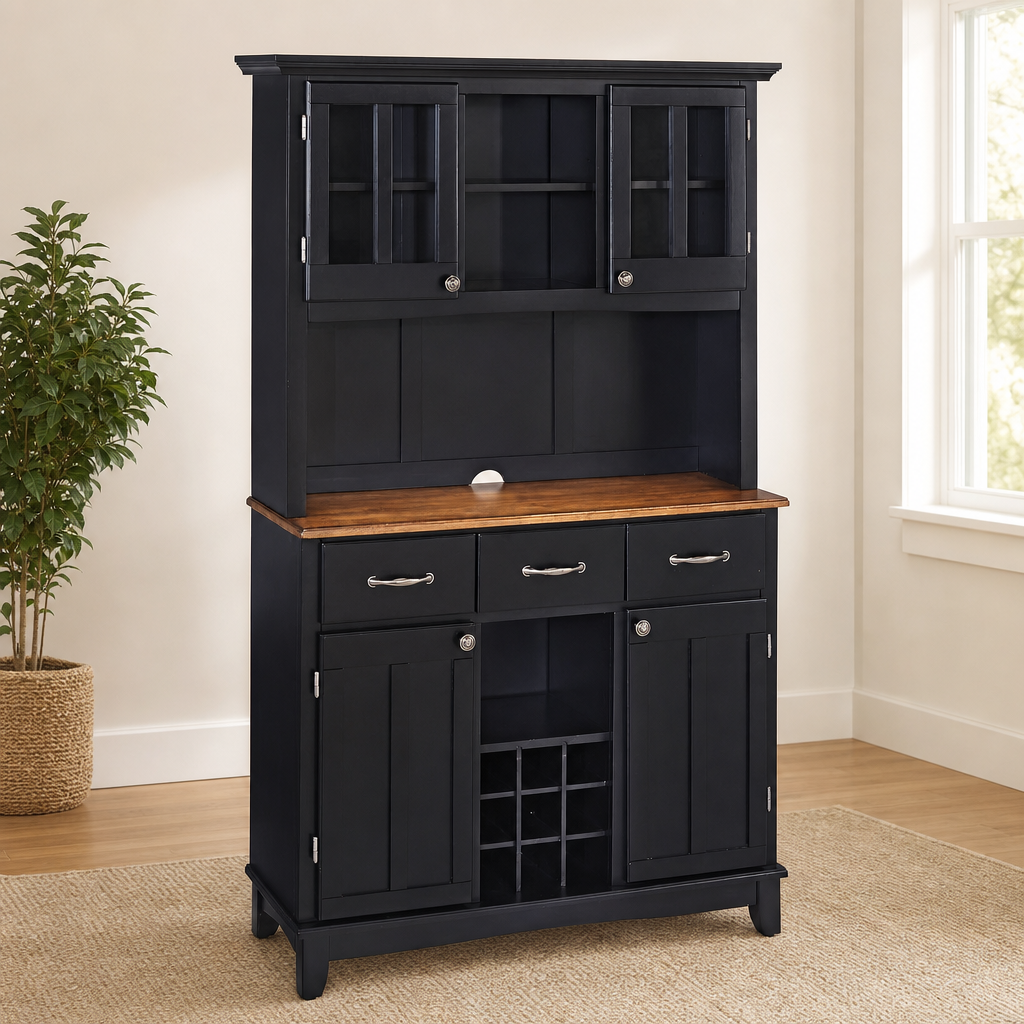 Server with Attached Hutch and Hardwood Top centered in a warm neutral furnished room