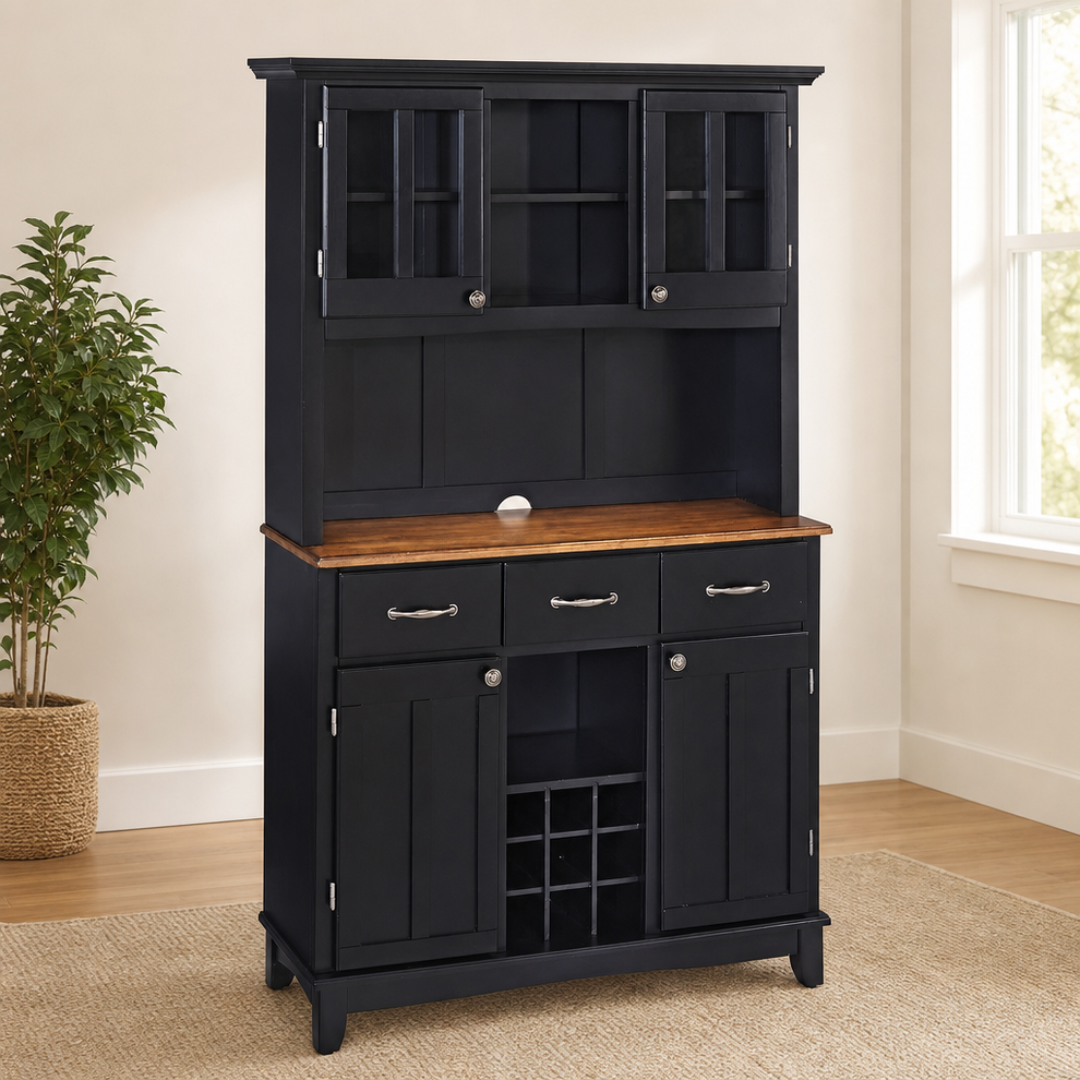 Server with Attached Hutch and Hardwood Top centered in a warm neutral furnished room