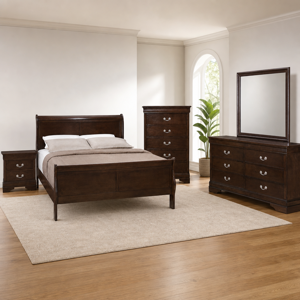 Coaster Louis Philippe 5-Piece Queen Bedroom Set, Cappuccino Sleigh Bed, Dresser,  centered in a warm neutral furnished room