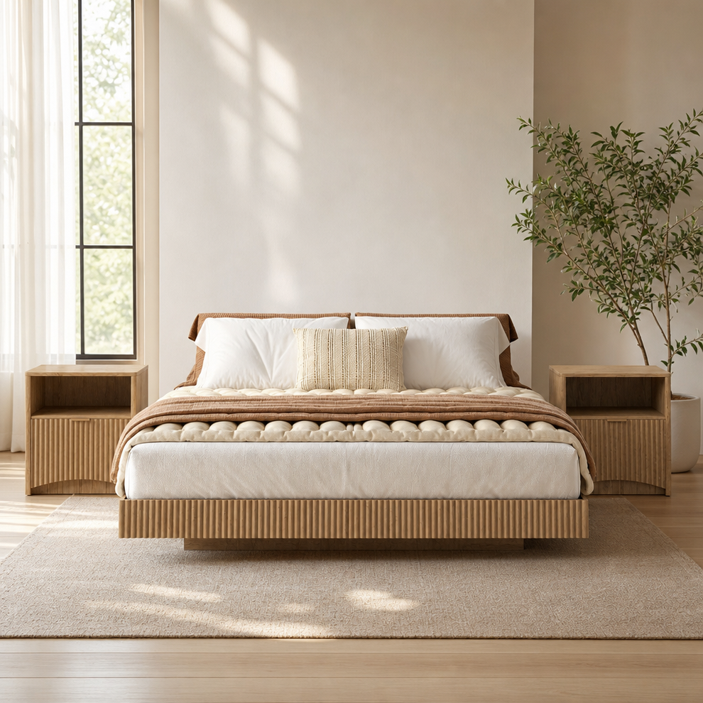 3-Piece Floating Bed Set with LED Lights and Fluted Nightstands — Queen, Natural B centered in a warm neutral furnished room