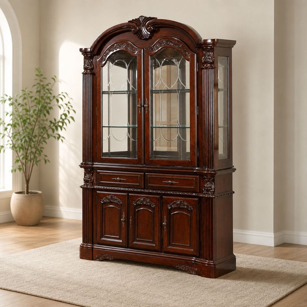 Hutch & Buffet — Brown Cherry Solid Wood with Glass Doors, 48"L x 18"W x 87"H centered in a warm neutral furnished room