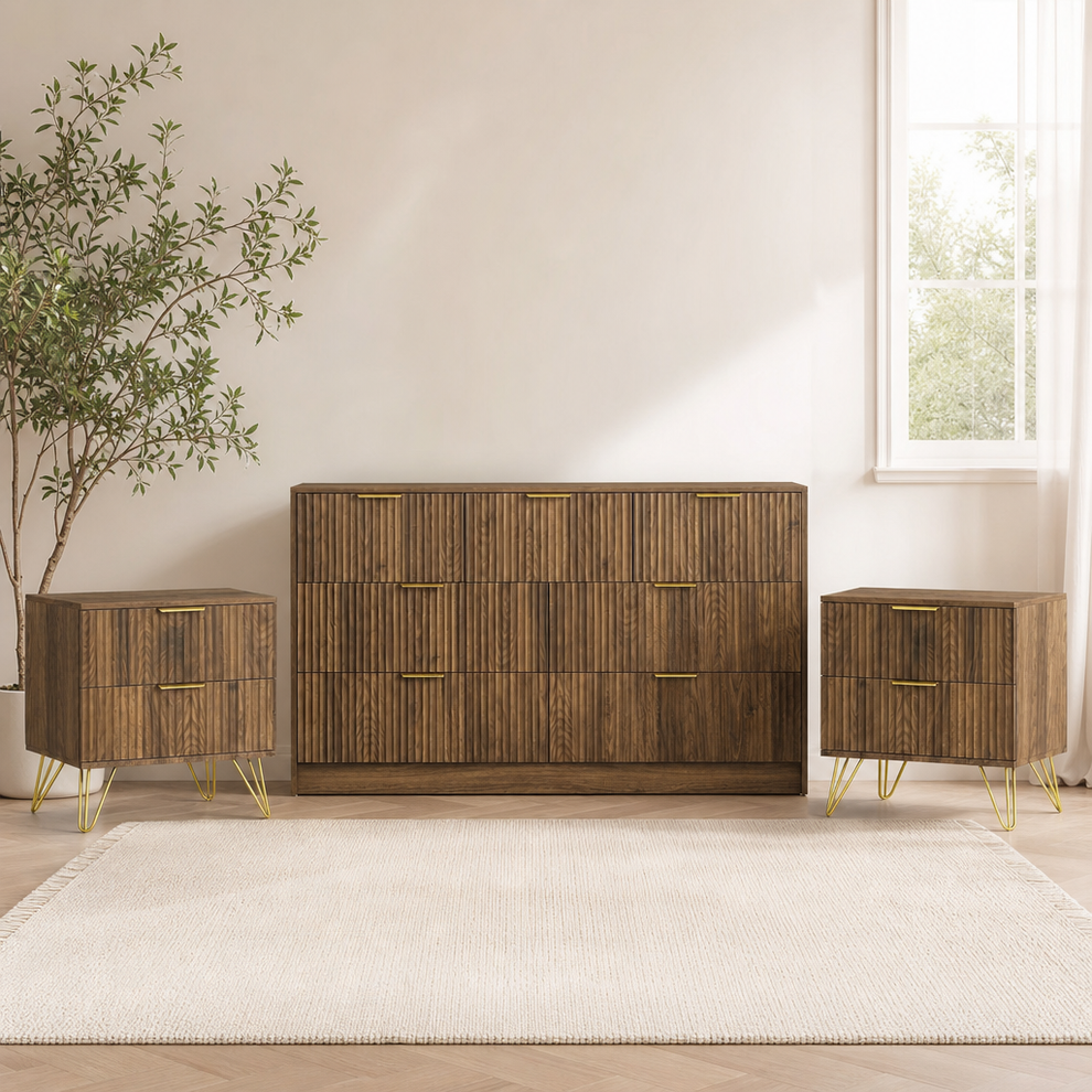 Fluted 3-Piece Dresser & Nightstand Set — 6/7/8/9-Drawer Options, Gold Handles centered in a warm neutral furnished room