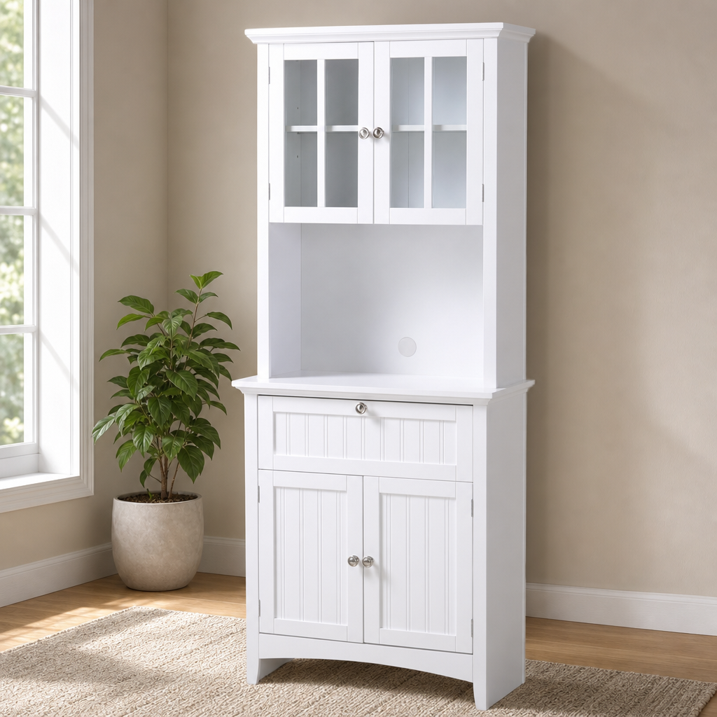 Farmhouse Buffet & Hutch, 29" White with Glass Doors & Drawer centered in a warm neutral furnished room