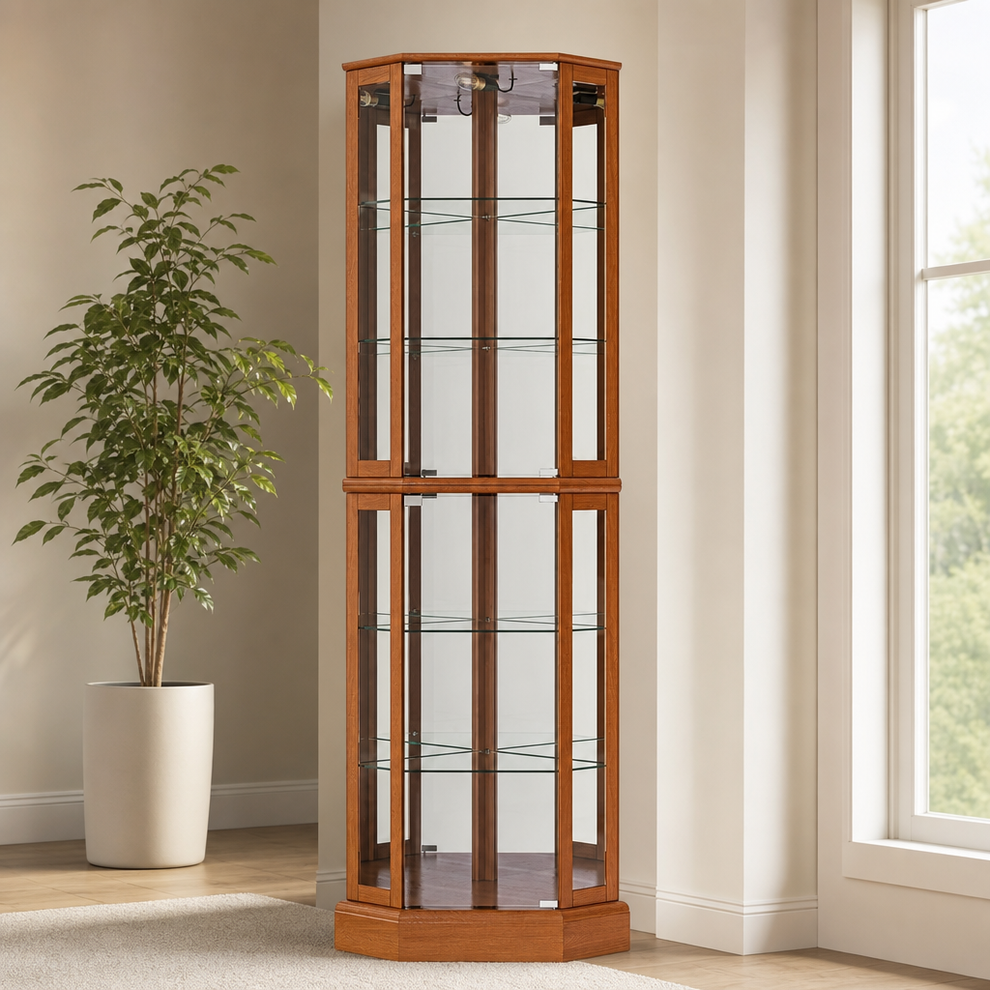 Corner Display Cabinet with Interior Light and Mirrored Back, 72 in centered in a warm neutral furnished room