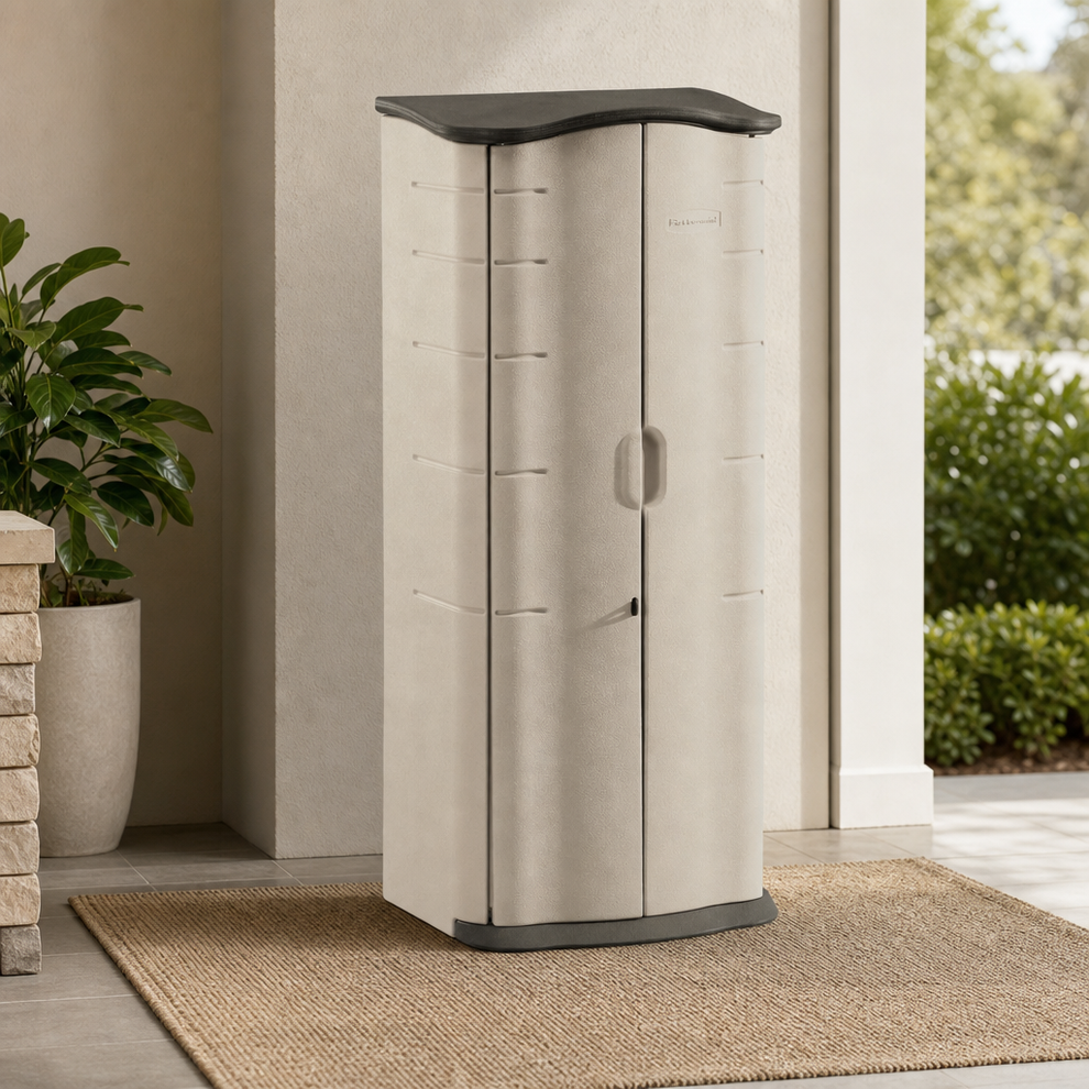 Vertical Resin Storage Shed, 2 ft x 2.5 ft, Beige/Brown centered in a warm neutral furnished room