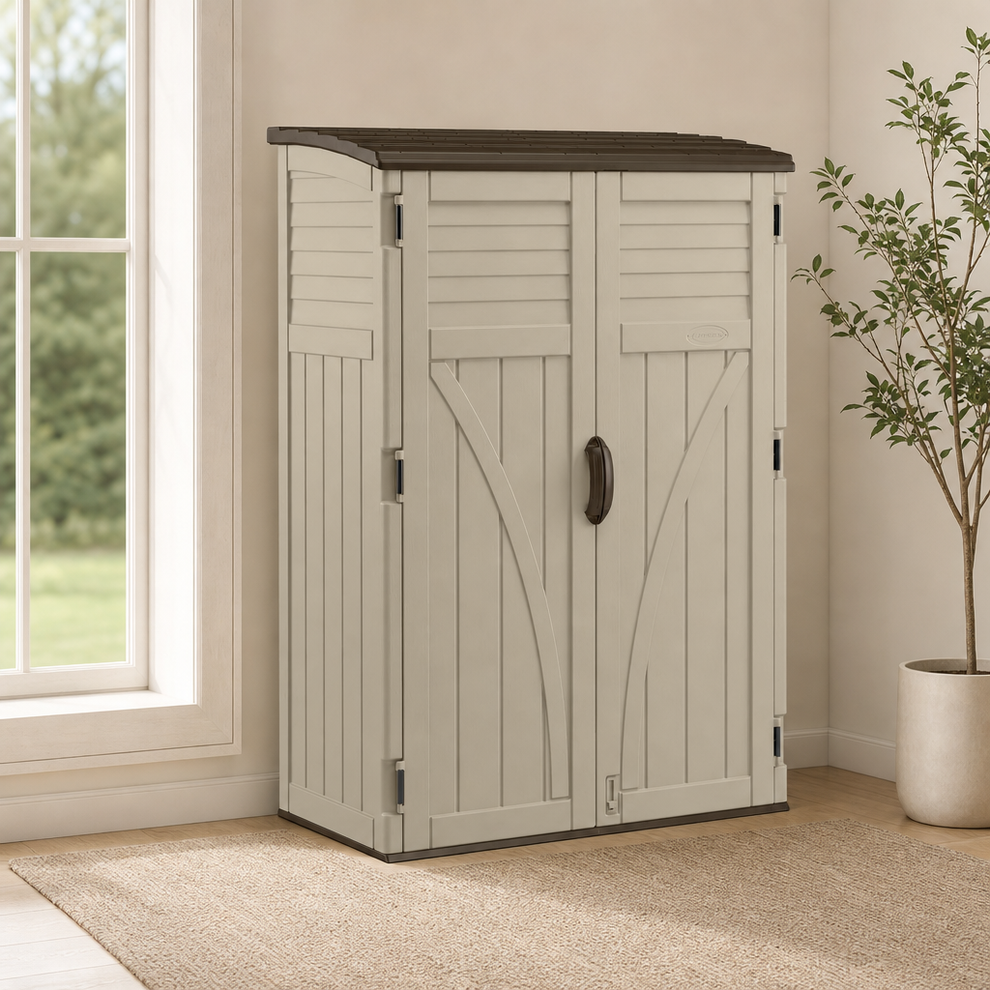 Vertical Outdoor Storage Cabinet — 54 cu. ft., Multi-wall Resin, Taupe centered in a warm neutral furnished room