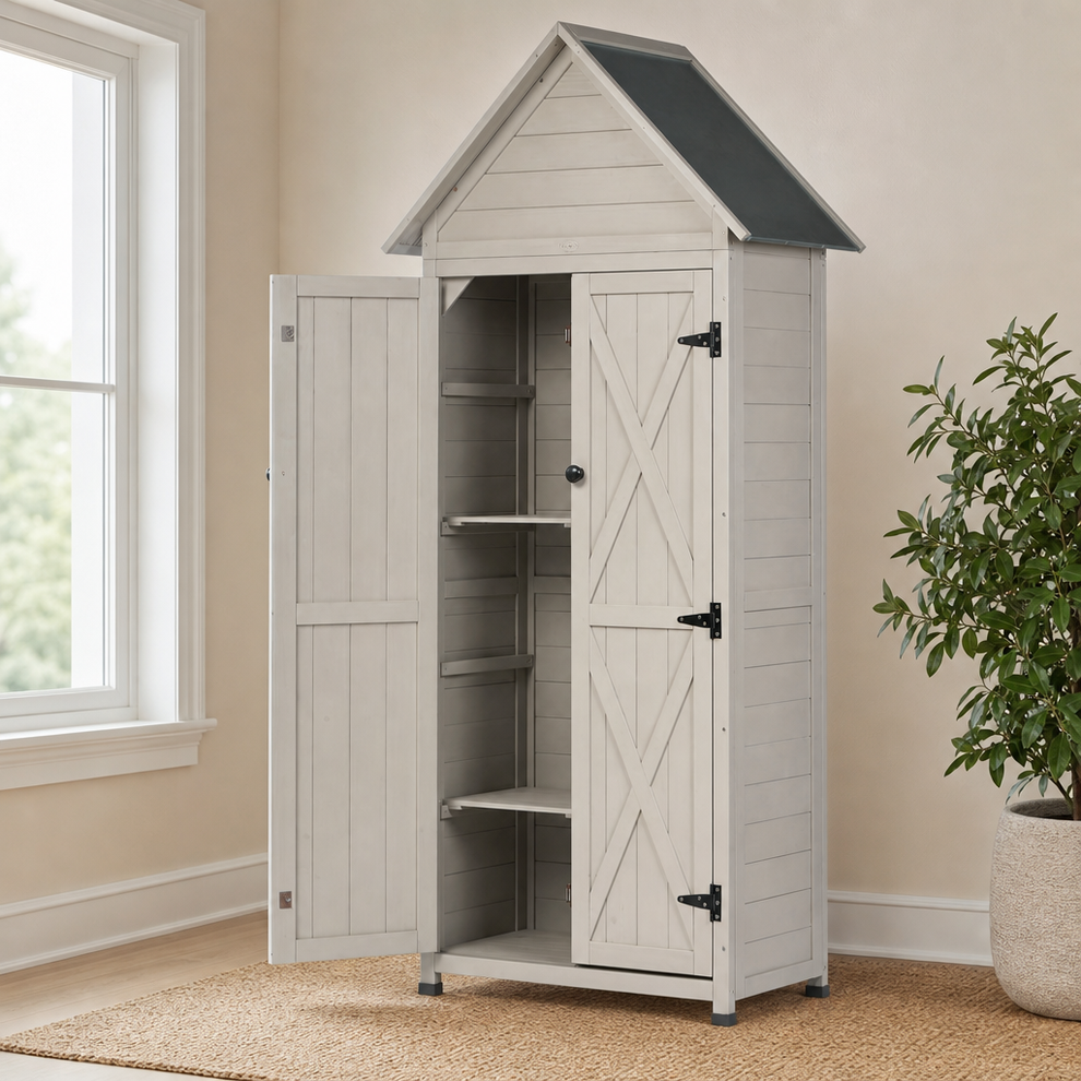 Vertical Solid Wood Outdoor Storage Cabinet, 71.2" H, Gray centered in a warm neutral furnished room
