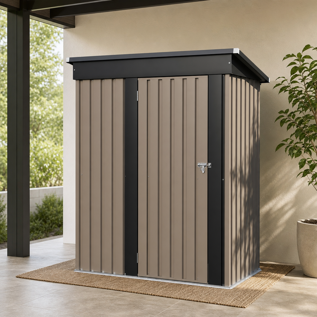 Galvanized Steel Outdoor Storage Shed — Sloping Roof & Lockable Door (Multiple Siz centered in a warm neutral furnished room