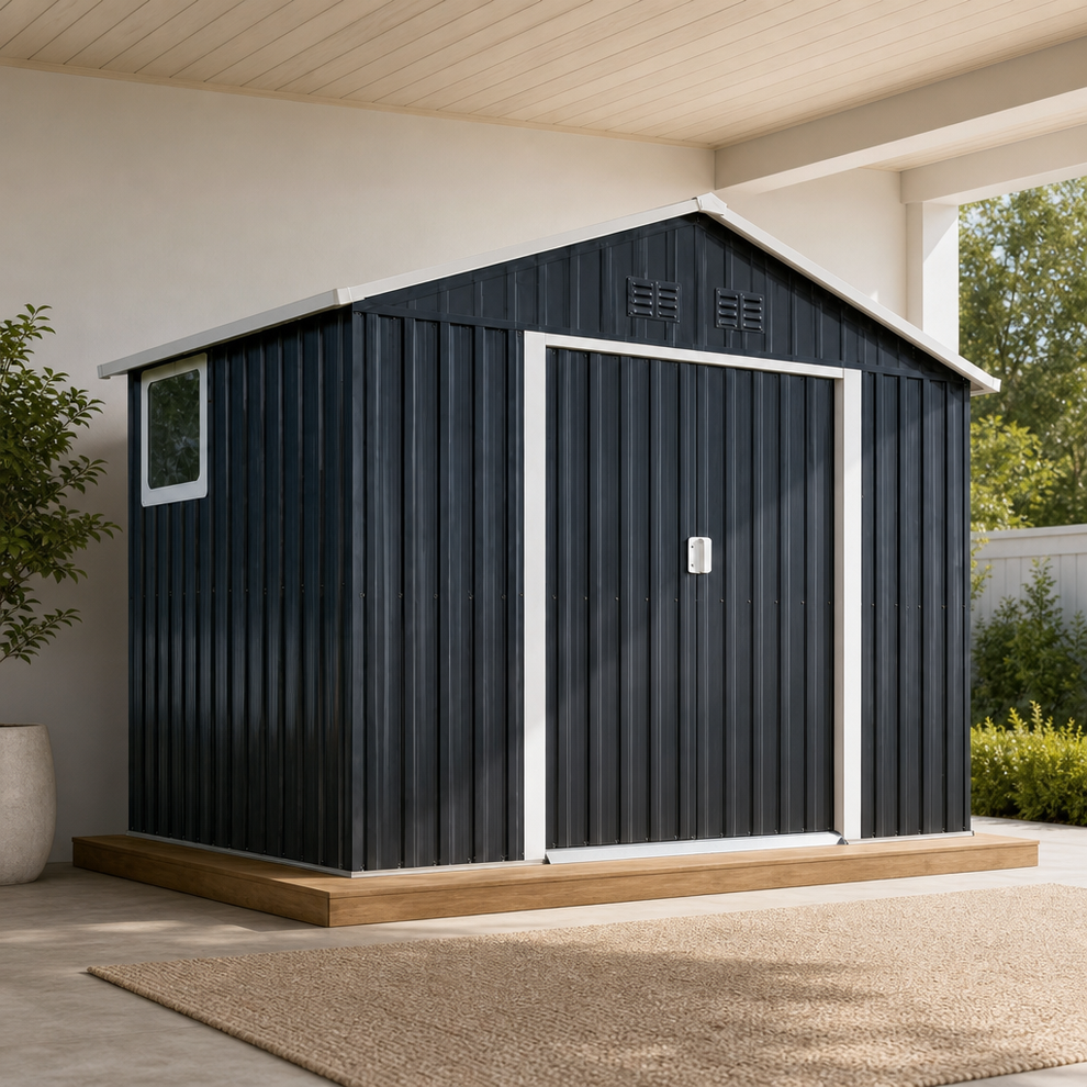 Metal Outdoor Storage Shed — Galvanized Steel with Lockable Double Sliding Doors a centered in a warm neutral furnished room