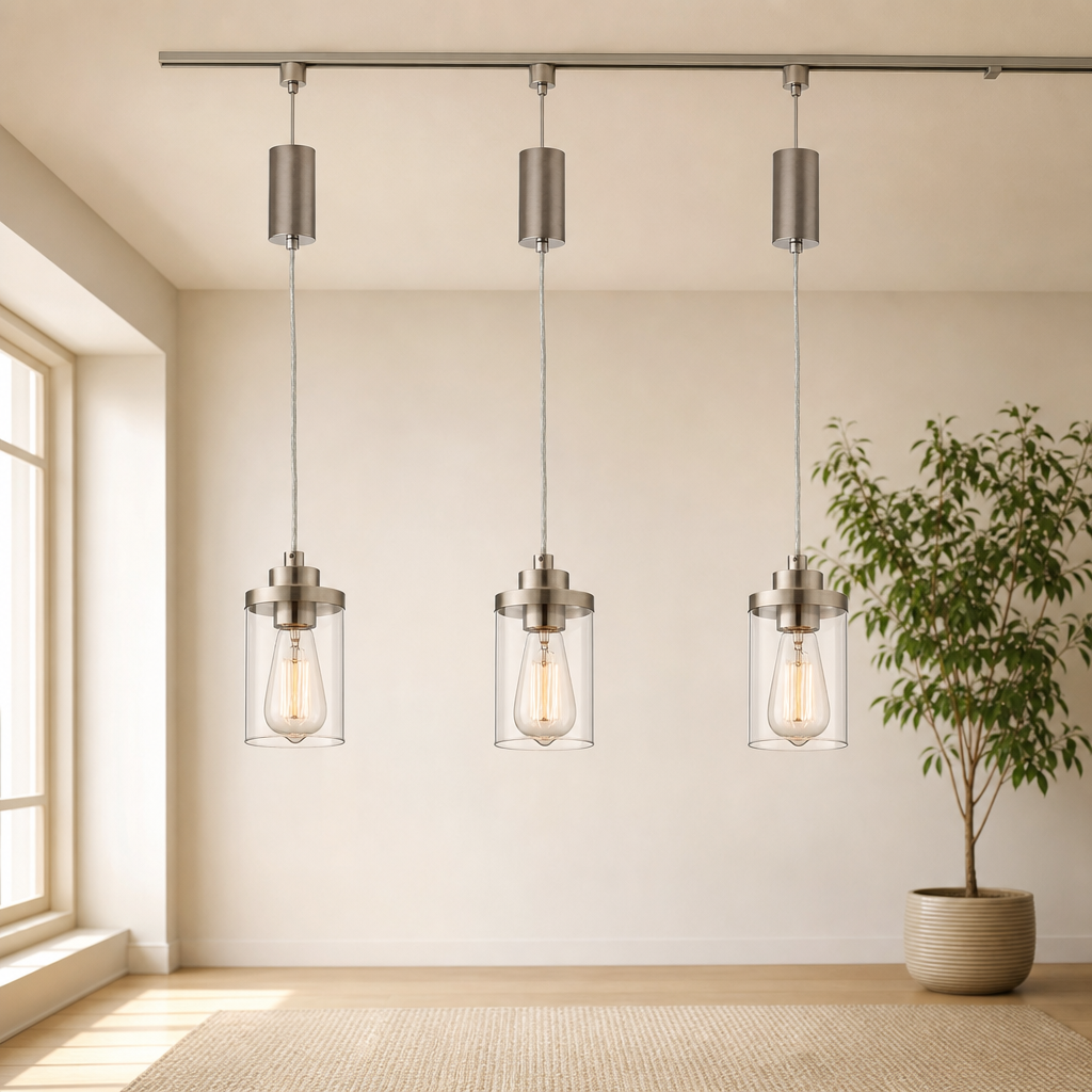 H-Type Track Pendant with Clear Glass Shade — Brushed Nickel or Black centered in a warm neutral furnished room