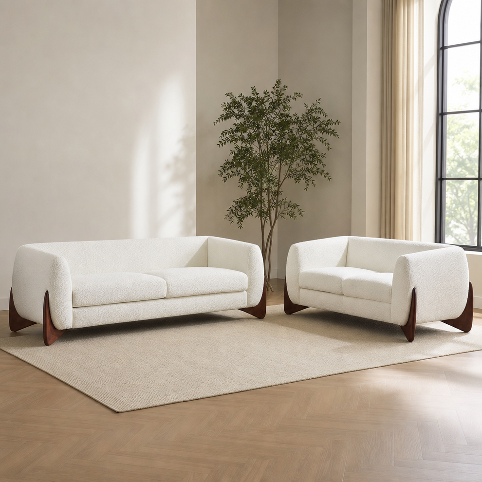Christopher Knight Faux Sherpa Bouclé 5-Piece Sofa and Loveseat Set, Tapered Birch centered in a warm neutral furnished room