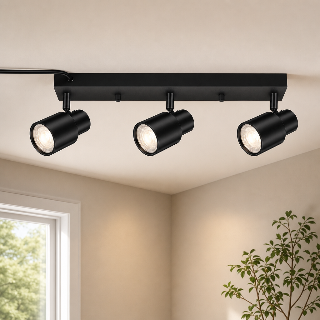 Plug-in Track Lighting 3-Light — GU10 Sockets, Adjustable Rotating Heads, 15.7" centered in a warm neutral furnished room