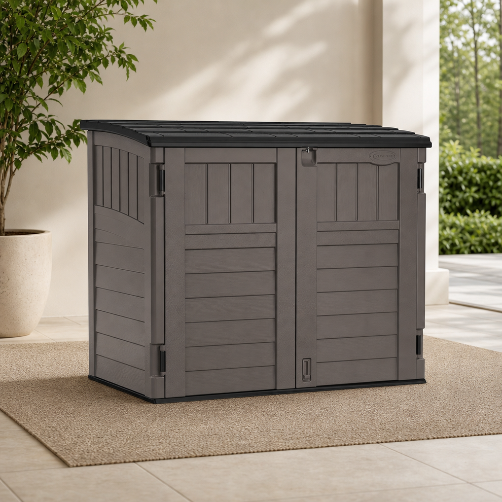 Horizontal Storage Shed, 34 cu. ft., Stoney Black — Low-Profile Resin centered in a warm neutral furnished room
