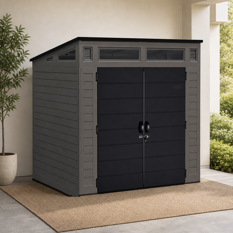 Vertical Resin Outdoor Storage Shed — 200 cu ft, Steel‑Reinforced Frame, Integrate centered in a warm neutral furnished room