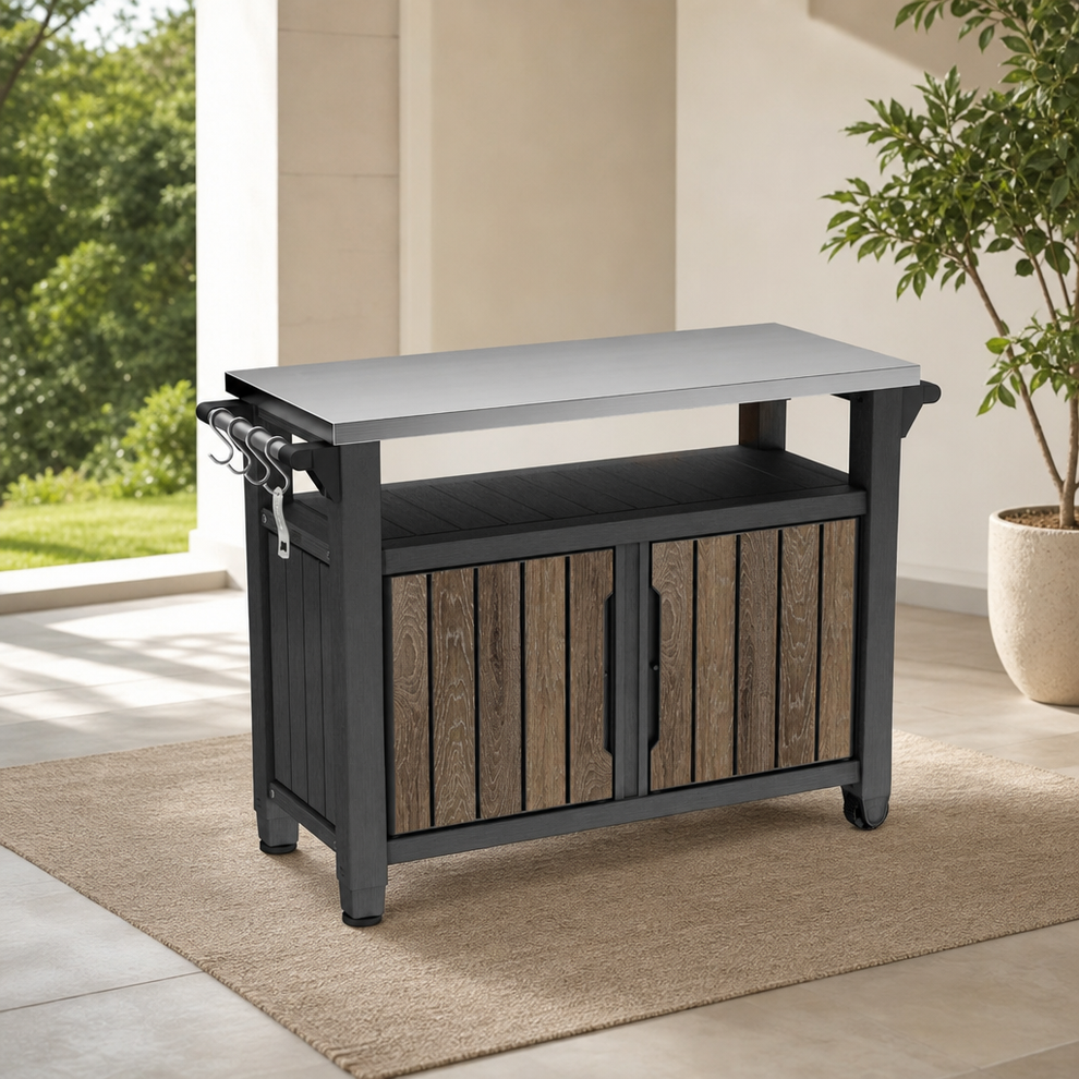 Unity XL Outdoor Entertainment Station, 78‑Gallon Wood‑Look Storage with Stainless centered in a warm neutral furnished room