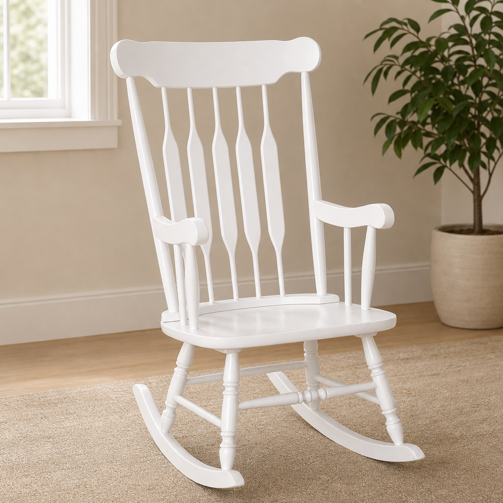 Classic Wooden Rocking Chair — Wooden Rocker for Living Room & Nursery centered in a warm neutral furnished room