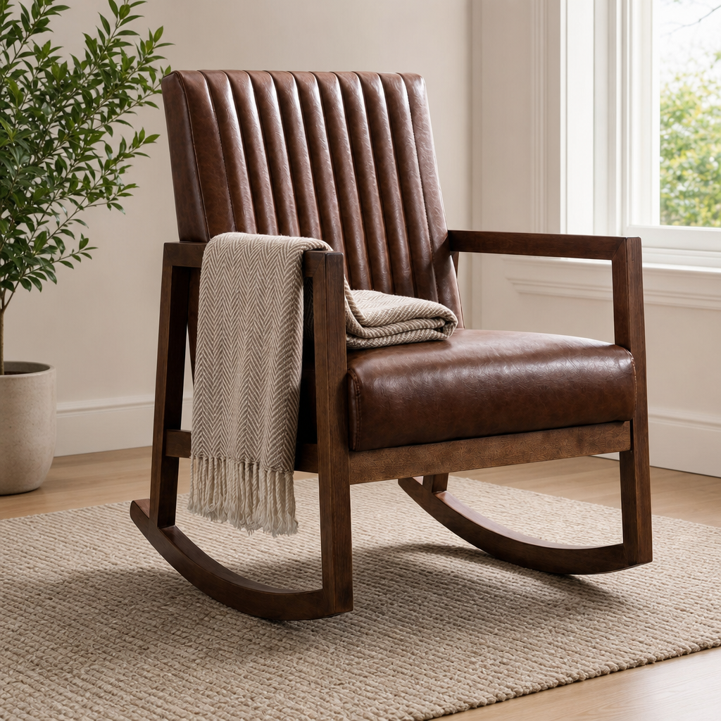 Mid-Century Faux Leather Rocking Chair with Hardwood Rocking Base, High Back centered in a warm neutral furnished room