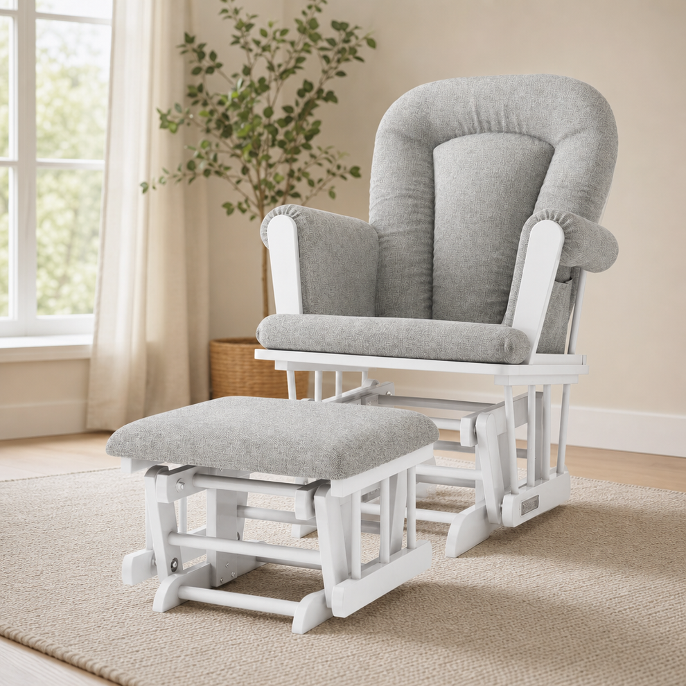Glider & Ottoman Set — Nursery Gliding Chair with Storage Pockets centered in a warm neutral furnished room