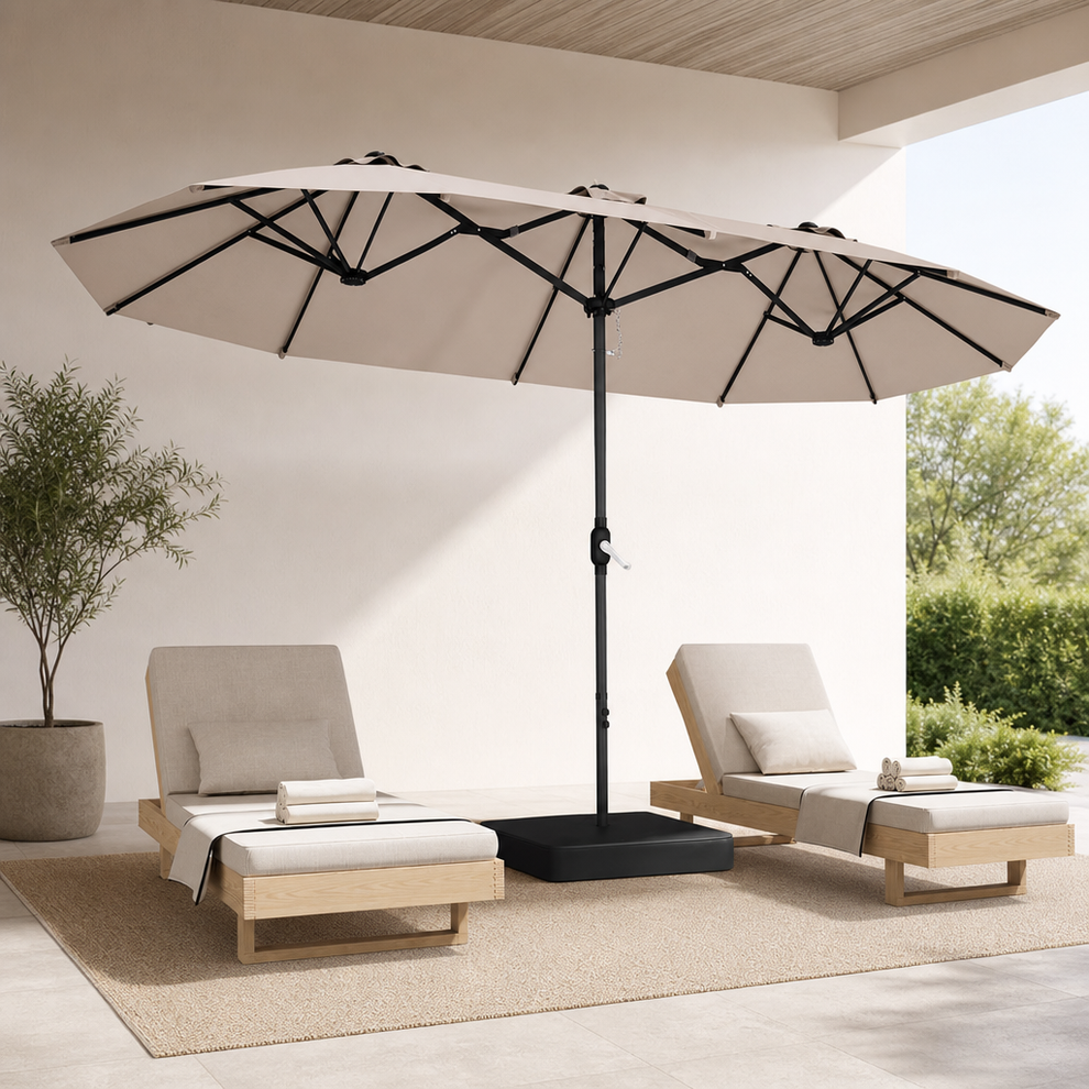 Patio Umbrella 15ft x 9ft Double-Sided Rectangle with Base & Crank centered in a warm neutral furnished room