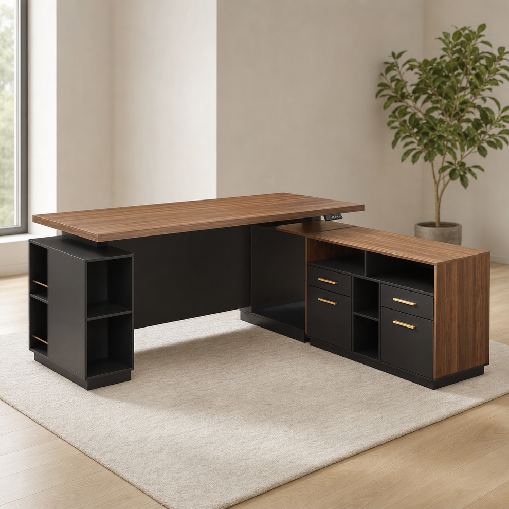 L-Shaped Electric Height-Adjustable Standing Desk with 4 Drawers & Privacy Panel,  centered in a warm neutral furnished room
