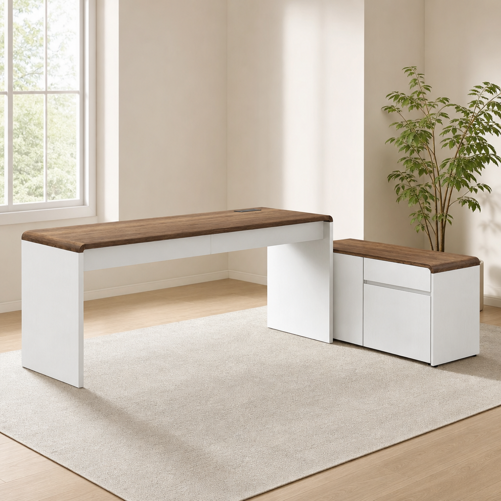 L-Shaped Desk with Detachable File Cabinet & Charging Station, 78.7" White & Walnu centered in a warm neutral furnished room