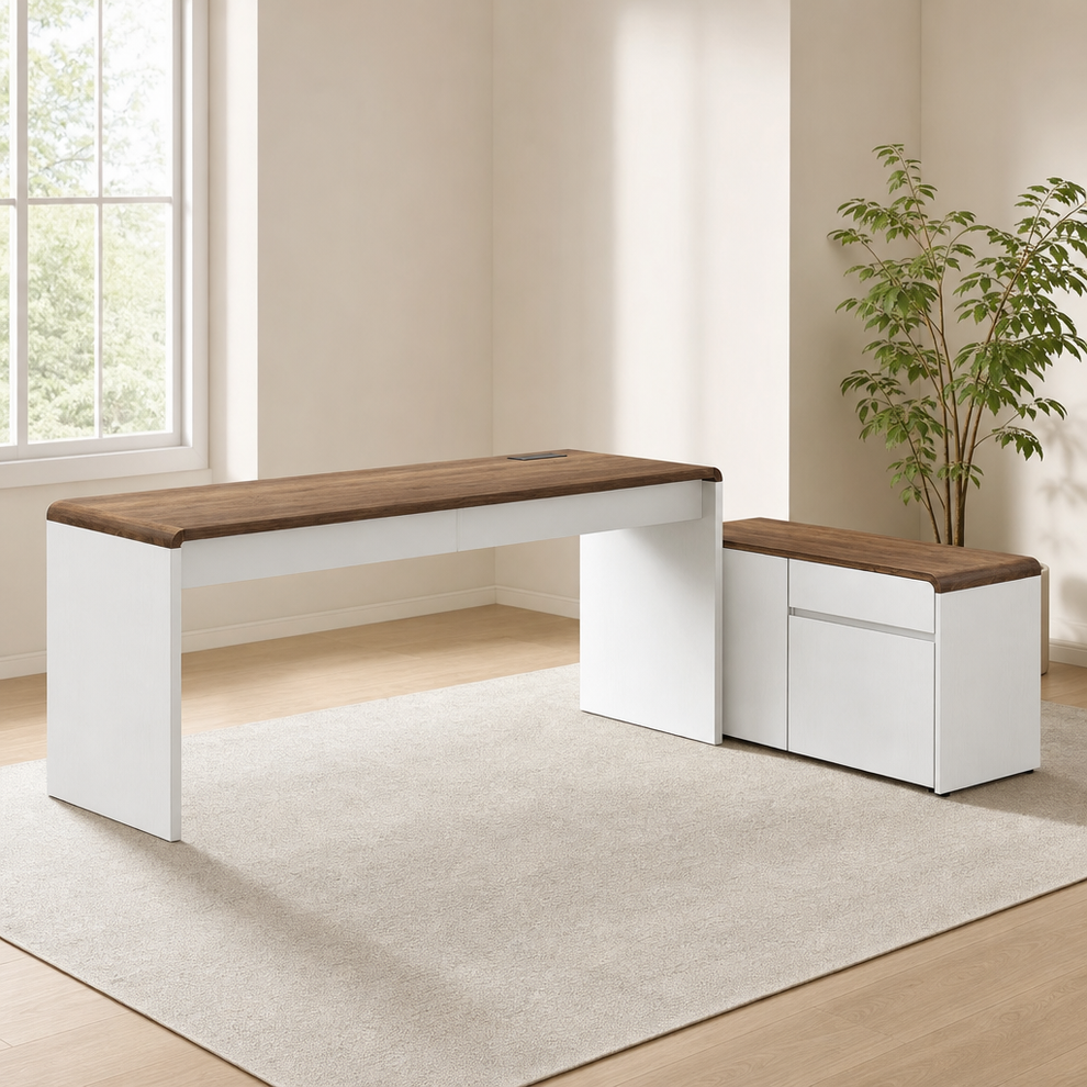 L-Shaped Desk with Detachable File Cabinet & Charging Station, 78.7" White & Walnu centered in a warm neutral furnished room