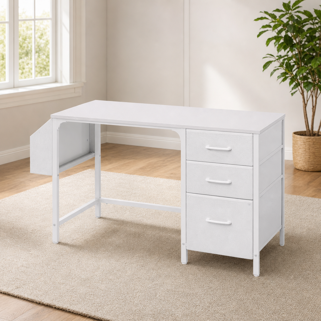 Computer Desk with Reversible Fabric File Drawers, 47-inch centered in a warm neutral furnished room