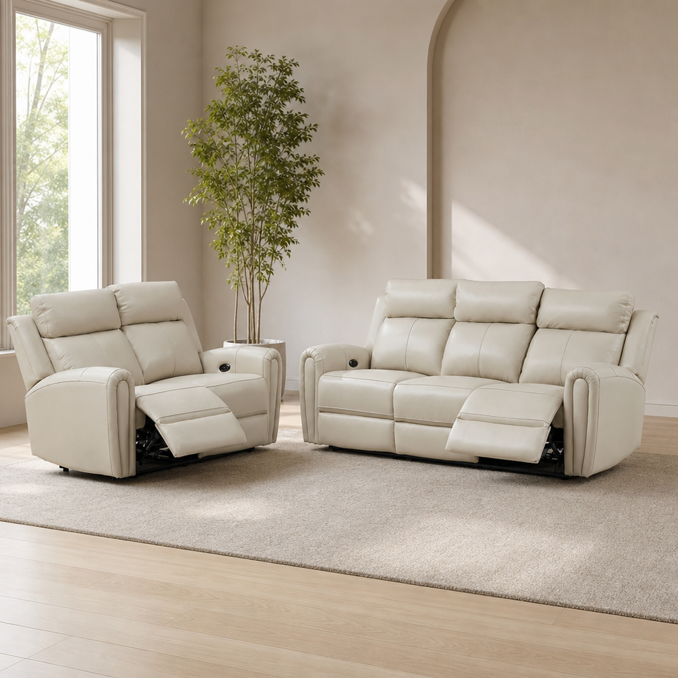 Genuine Leather Power Reclining Sofa & Loveseat Set with USB and Drop-Down Table centered in a warm neutral furnished room