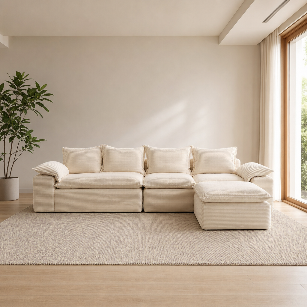 Cloud Boneless Modular Sectional Sofa — Corduroy, Multiple Configurations centered in a warm neutral furnished room