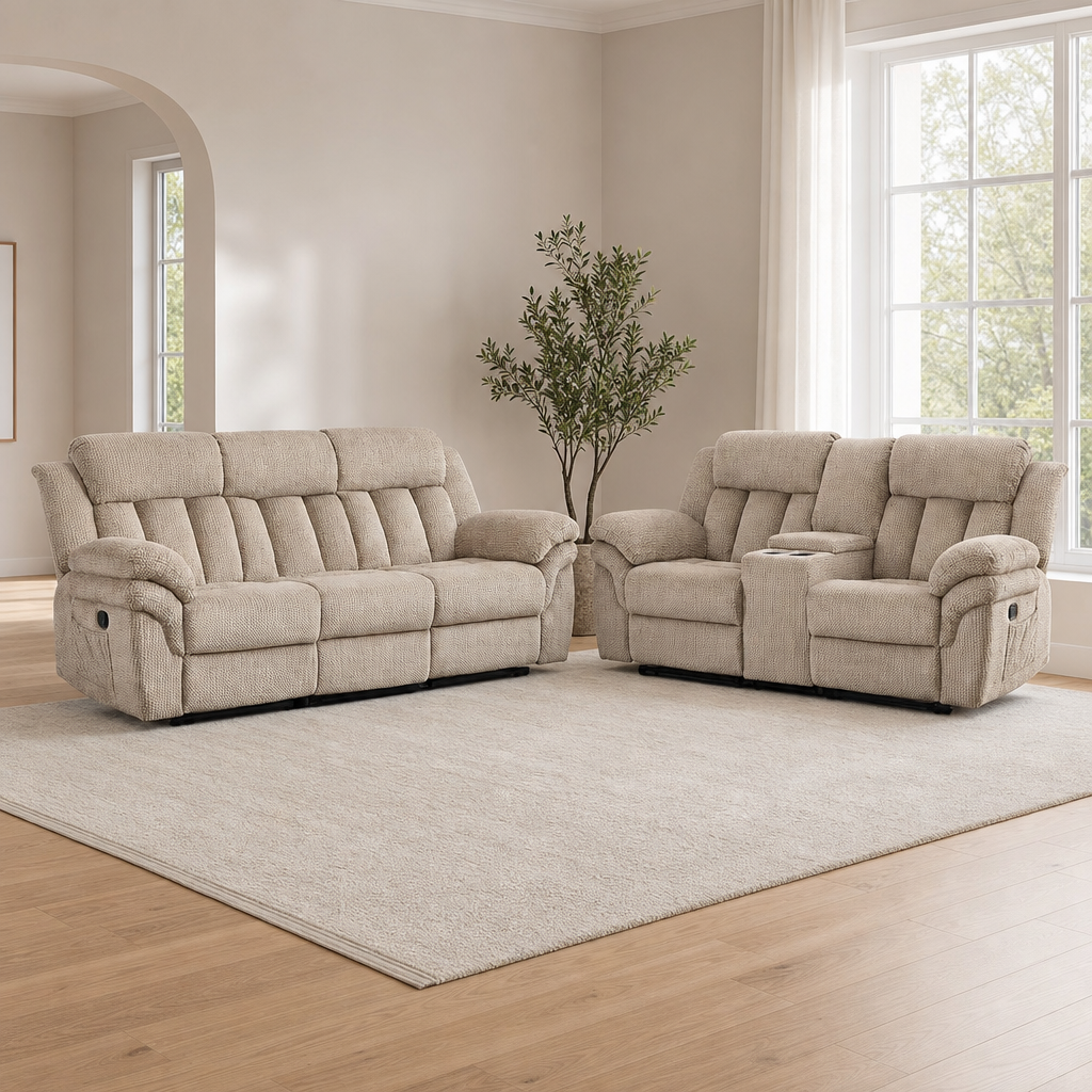 Light brown fabric recliner sofa set with a three-seat sofa and two-seat loveseat angled front view in a bright living room