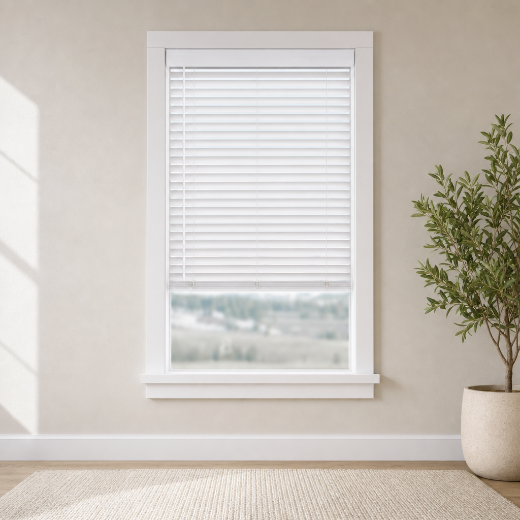 Faux Wood Blinds 2" Routeless Privacy Slats — White (Multiple Sizes) centered in a warm neutral furnished room