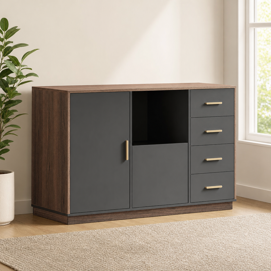 5-Drawer File Cabinet with Door & Built-in Charging Station, A4/Letter Hanging-Fil centered in a warm neutral furnished room