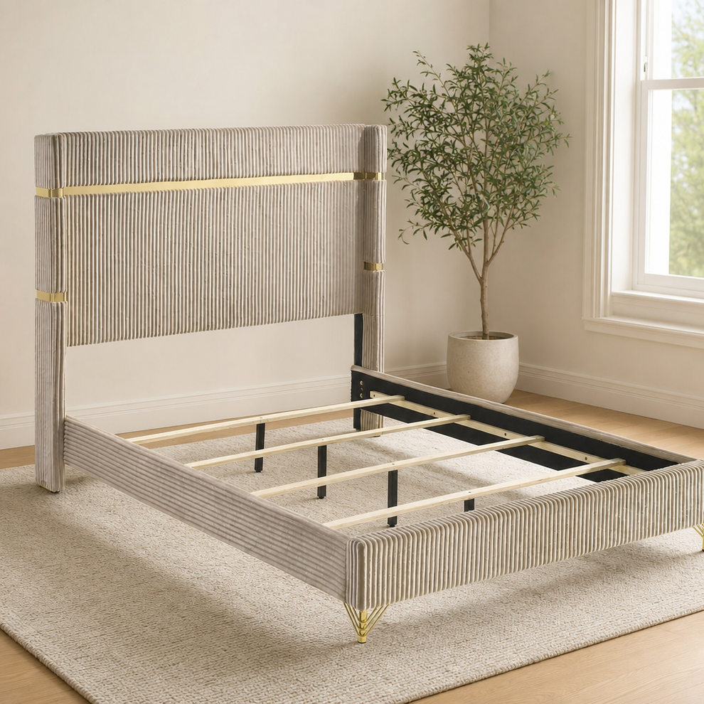 Coaster Lucia 4-Piece Bedroom Set — Velvet Wingback Bed with White Case Pieces & G centered in a warm neutral furnished room