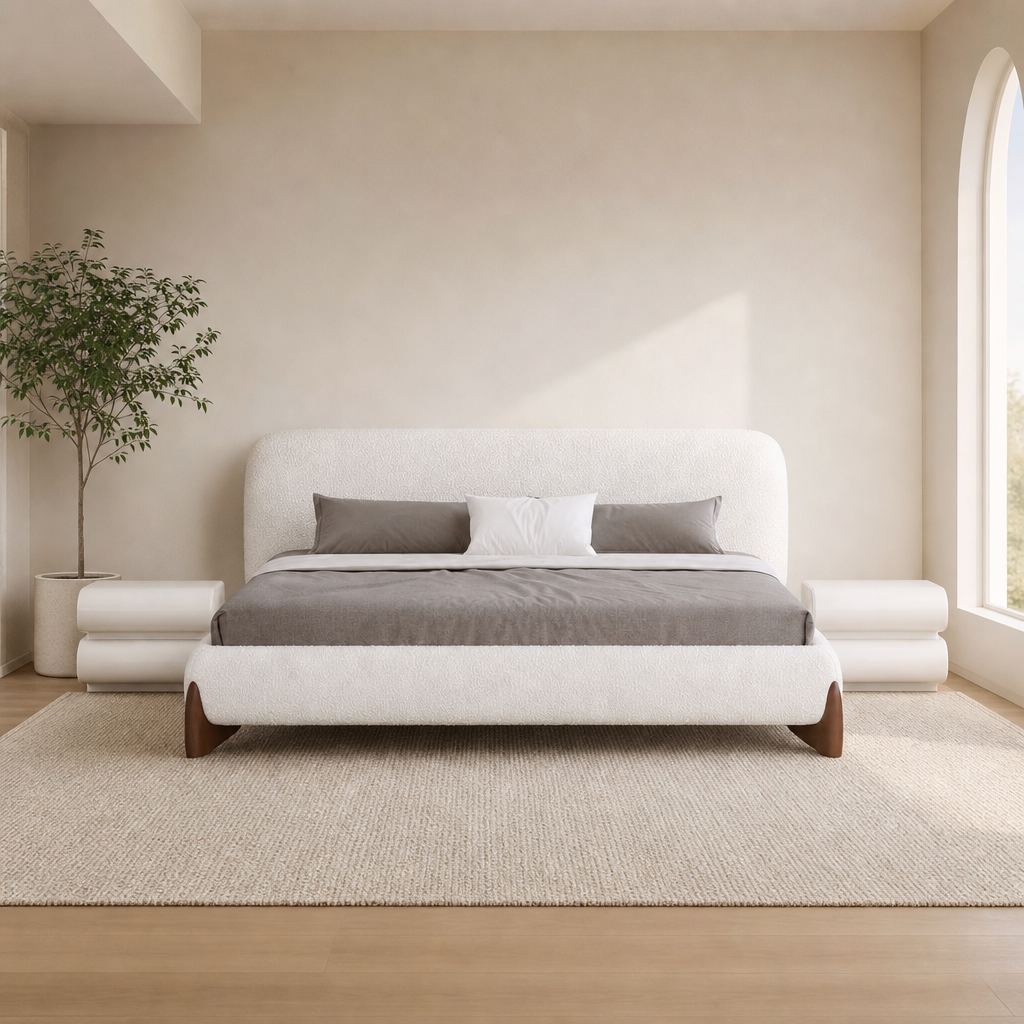 Bouclé Upholstered Platform Bed 3-Piece Set with Smart Nightstands and Wireless Ch centered in a warm neutral furnished room