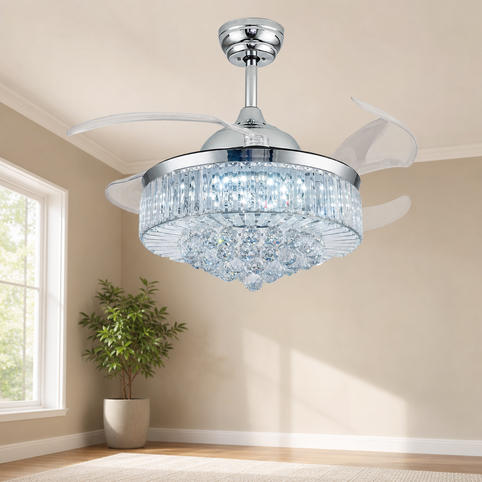 Retractable-Blade Fandelier Ceiling Fan — Dimmable LED, Remote & App, 42/52 Inch centered in a warm neutral furnished room