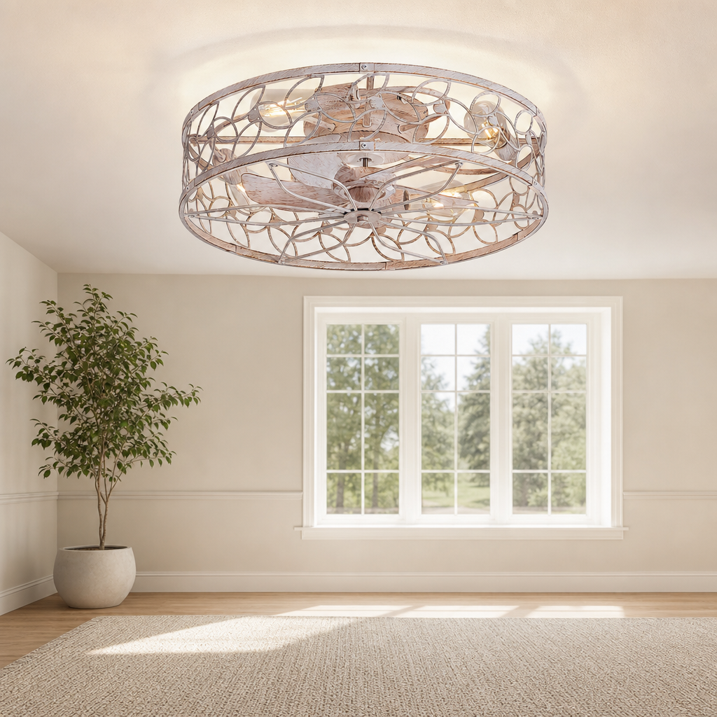 23" Caged Flush-Mount Ceiling Fan with Light, Remote & App Control centered in a warm neutral furnished room