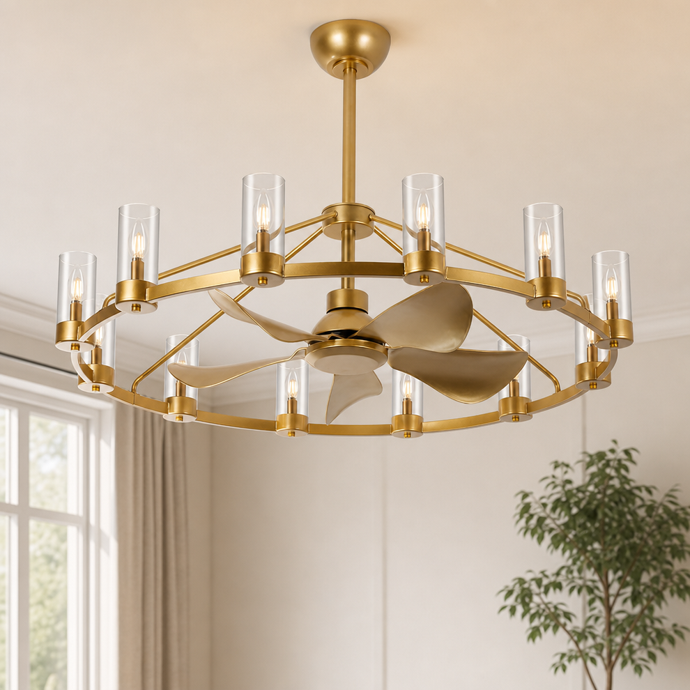 44" Wagon Wheel Chandelier Ceiling Fan, 12-Light, Remote & App Control centered in a warm neutral furnished room