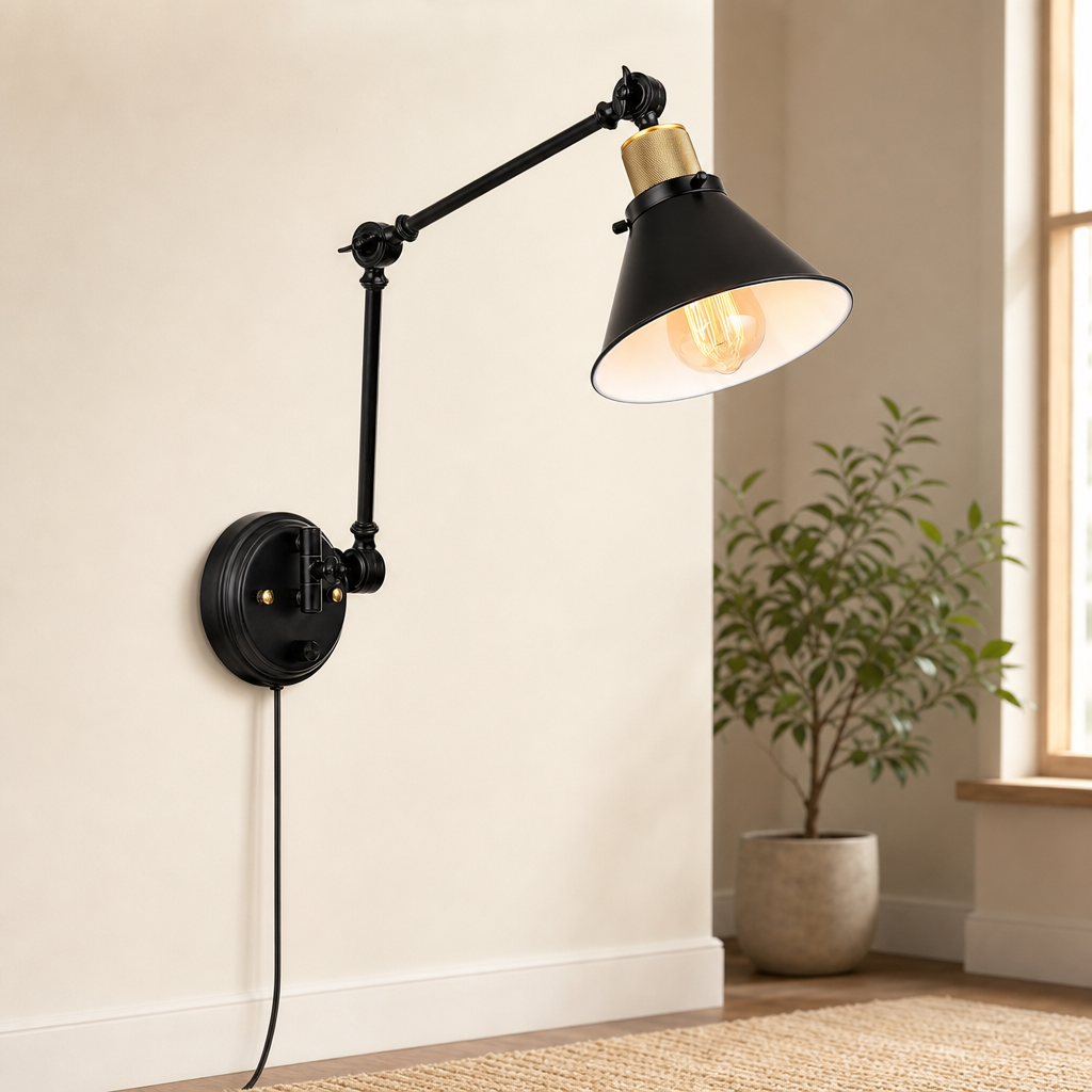 Plug-In Dimmable Swing-Arm Wall Sconce, Metal E26 Socket, 6 ft Cord centered in a warm neutral furnished room