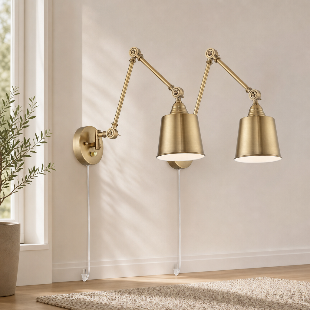 Antique Brass Swing-Arm Plug-In Wall Lamps, Set of 2 (Dimmable) centered in a warm neutral furnished room