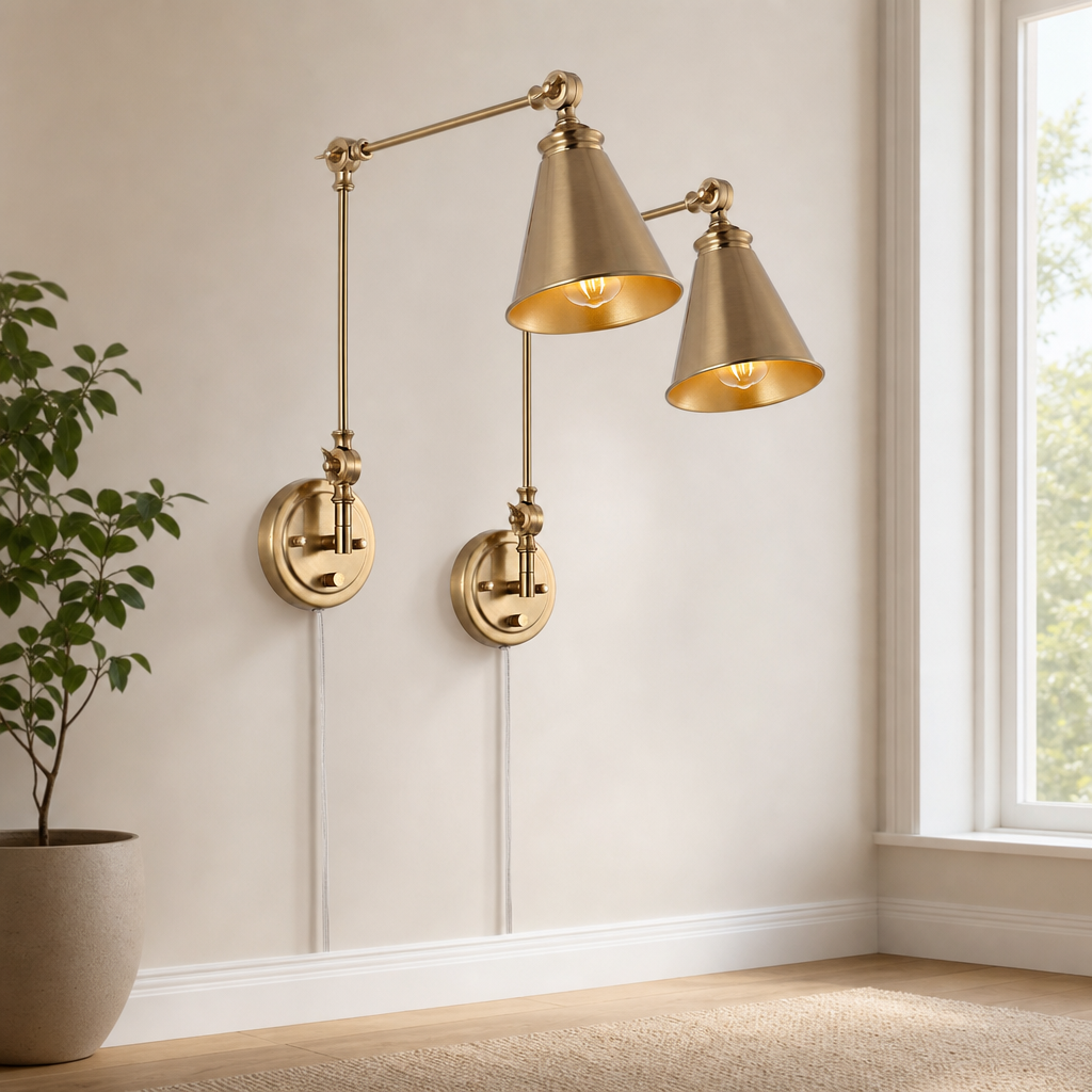 Adjustable Swing-Arm Wall Sconce — Convertible Plug-In or Hardwire centered in a warm neutral furnished room