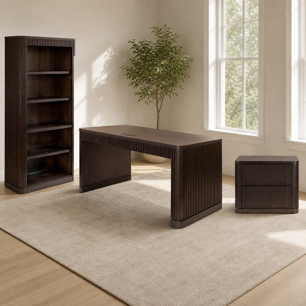3-Piece Office Set — Writing Desk, Two-Drawer Lateral File & Executive Bookcase, B centered in a warm neutral furnished room